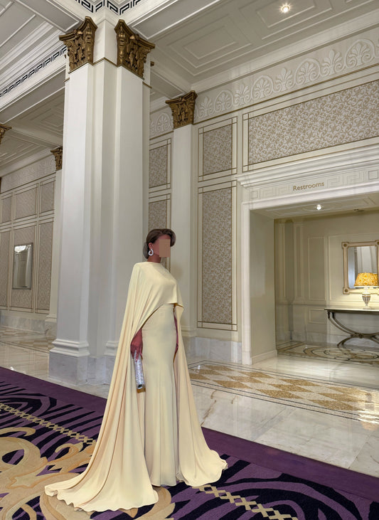 BUTTER YELLOW CREPE FIT AND FLARE DRESS WITH OVERLAY