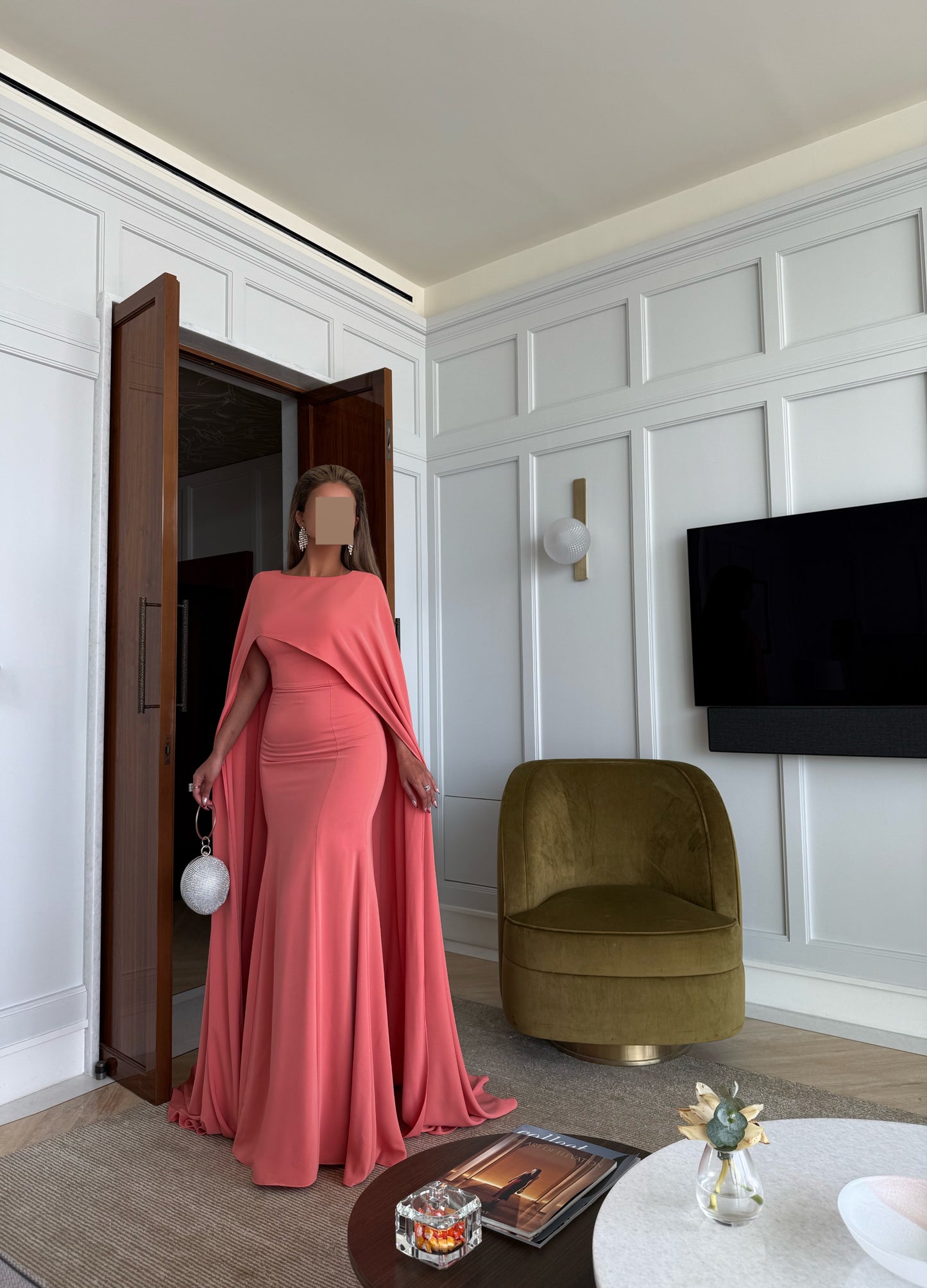 PEACH CREPE ASYMMETRIC DRAPE FIT AND FLARE DRESS