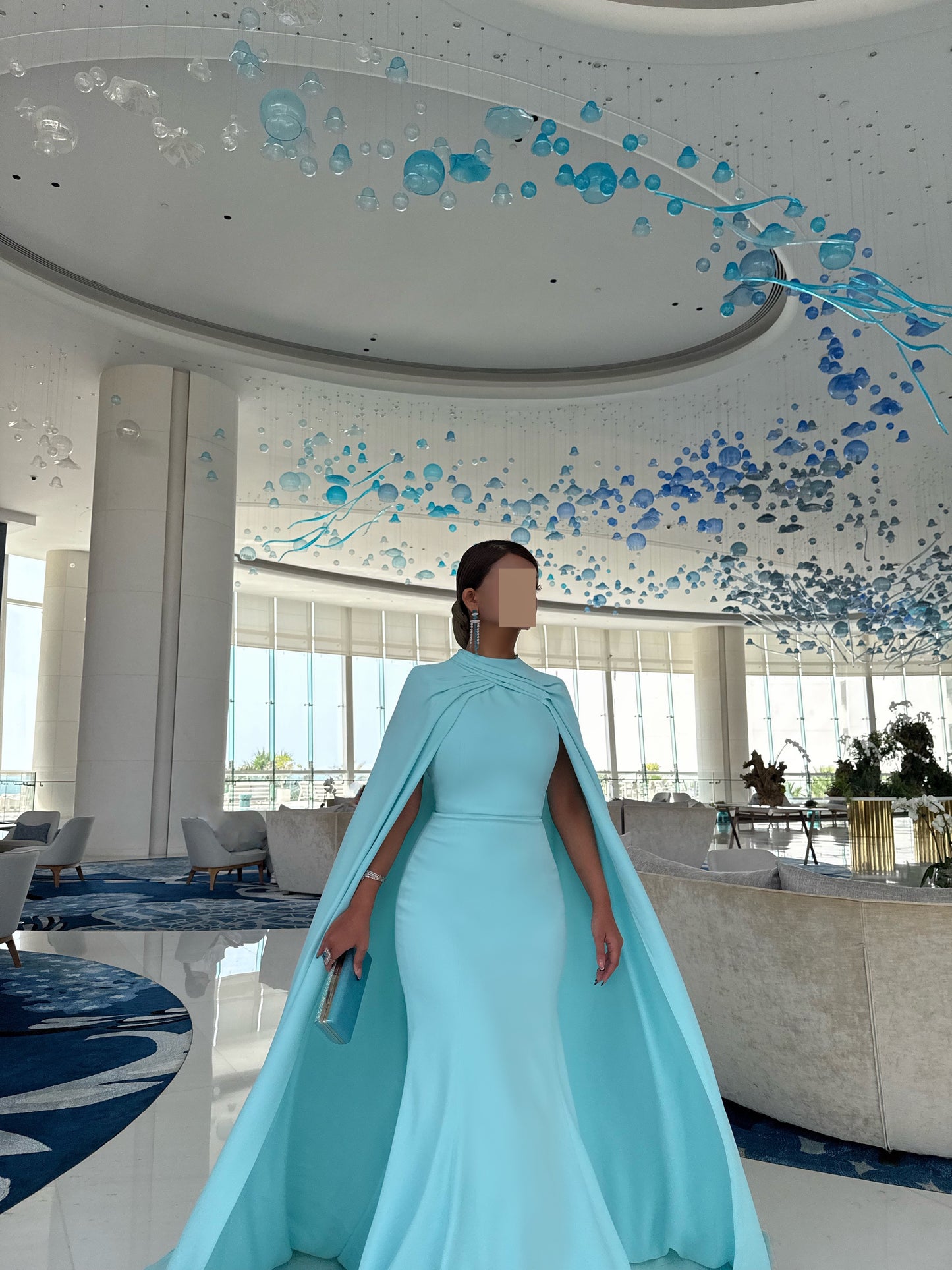 LIGHT BLUE SEMI FITTED DRESS WITH OVERLAPPING OVERLAY TRAIL