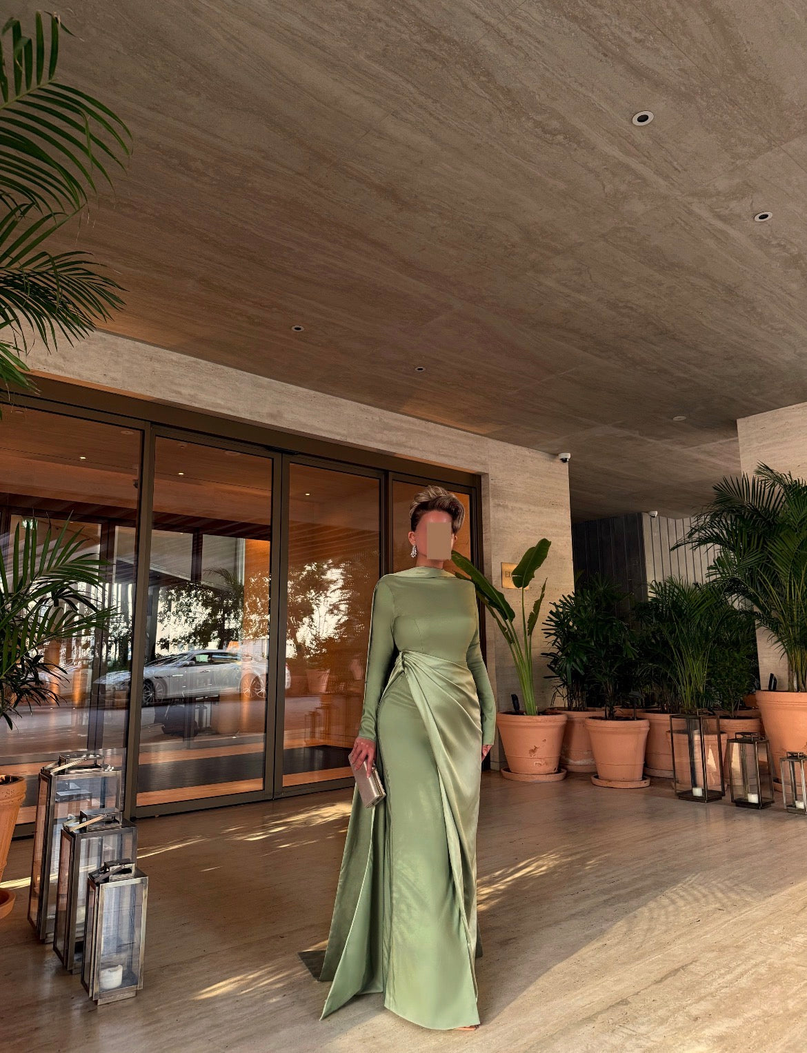 LIGHT OLIVE SEMI FITTED DRESS WITH DRAPED OVERLAY