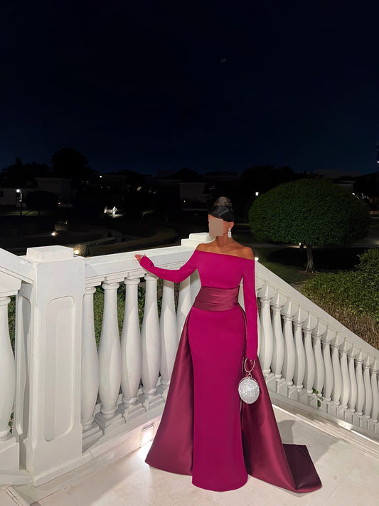 PINK OFF SHOULDER FITTED DRESS WITH DRAPE AND TRAIL