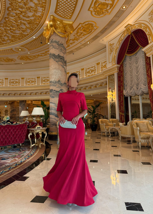 RED SEMI FIT LAYERED PANELLED DRESS