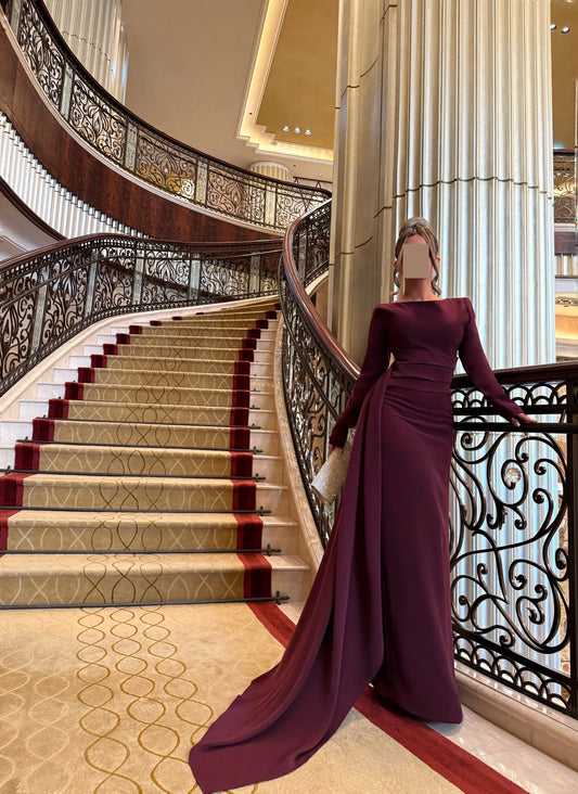 MAROON FLARED DRESS WITH ASYMMETRIC WAIST BELT TRAIL
