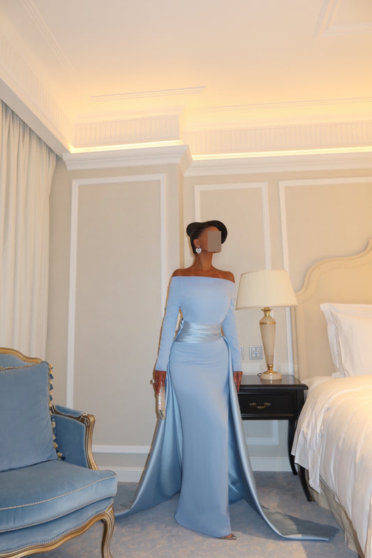 OFF SHOULDER FITTED DRESS WITH DRAPE AND TRAIL