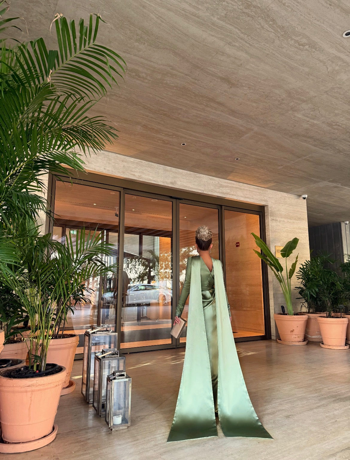 LIGHT OLIVE SEMI FITTED DRESS WITH DRAPED OVERLAY