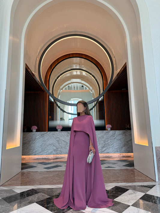 MAUVE CREPE FIT AND FLARE DRESS WITH OVERLAY