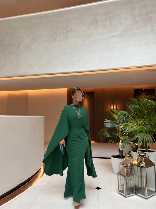 DARK GREEN FITTED DRESS WITH DRAPED SLEEVES