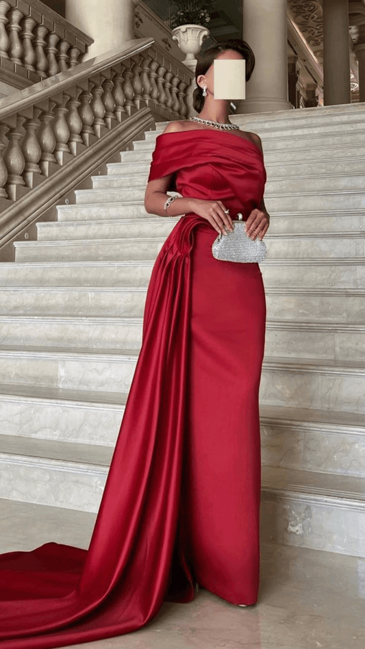 RED OFF-SHOULDER PENCIL CUT DRESS WITH TRAIL