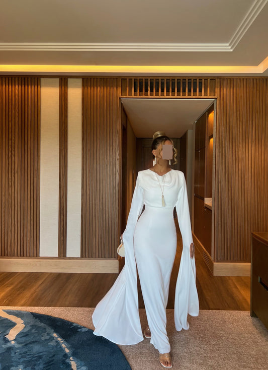 WHITE COWL NECK FITTED DRESS WITH FLOOR LENGTH SLEEVES