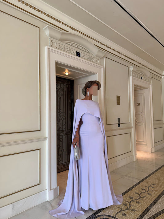 LIGHT LILAC CREPE ASYMMETRIC DRAPE FIT AND FLARE DRESS