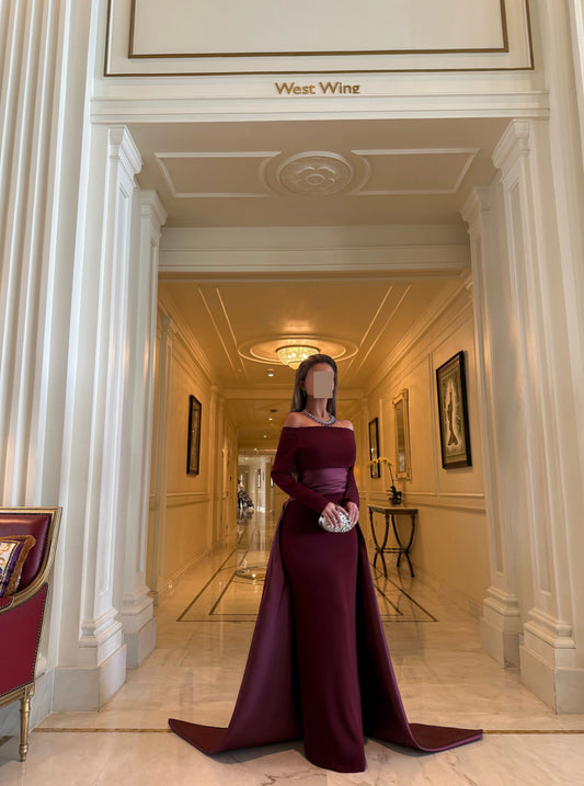 BURGUNDY OFF SHOULDER FITTED DRESS WITH DRAPE AND TRAIL