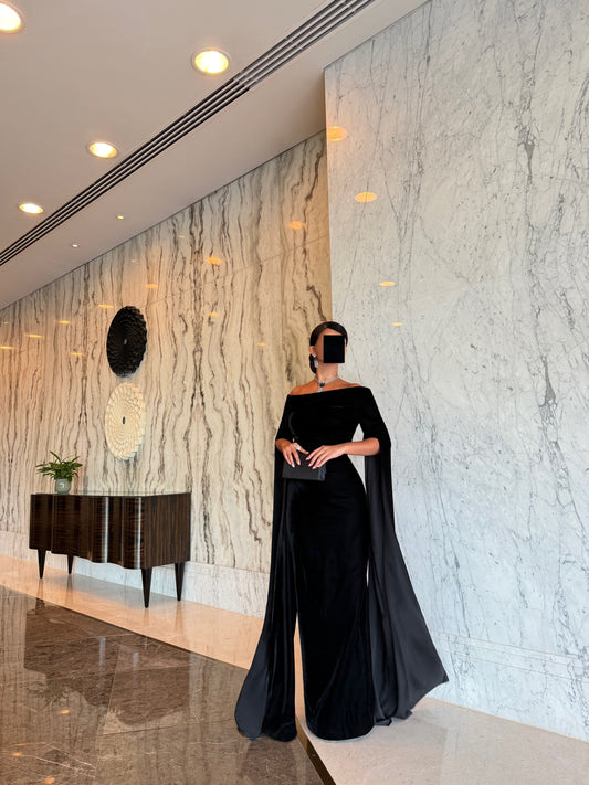 OFF SHOULDER BLACK VELVET LONG SLEEVED DRESS
