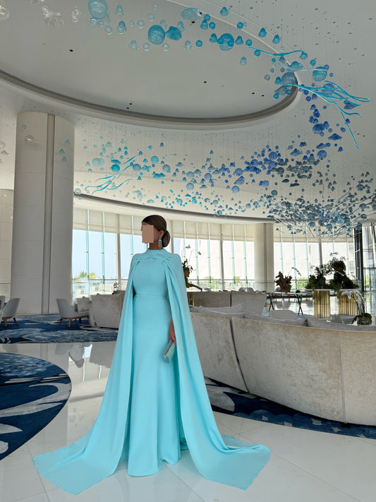 LIGHT BLUE SEMI FITTED DRESS WITH OVERLAPPING OVERLAY TRAIL