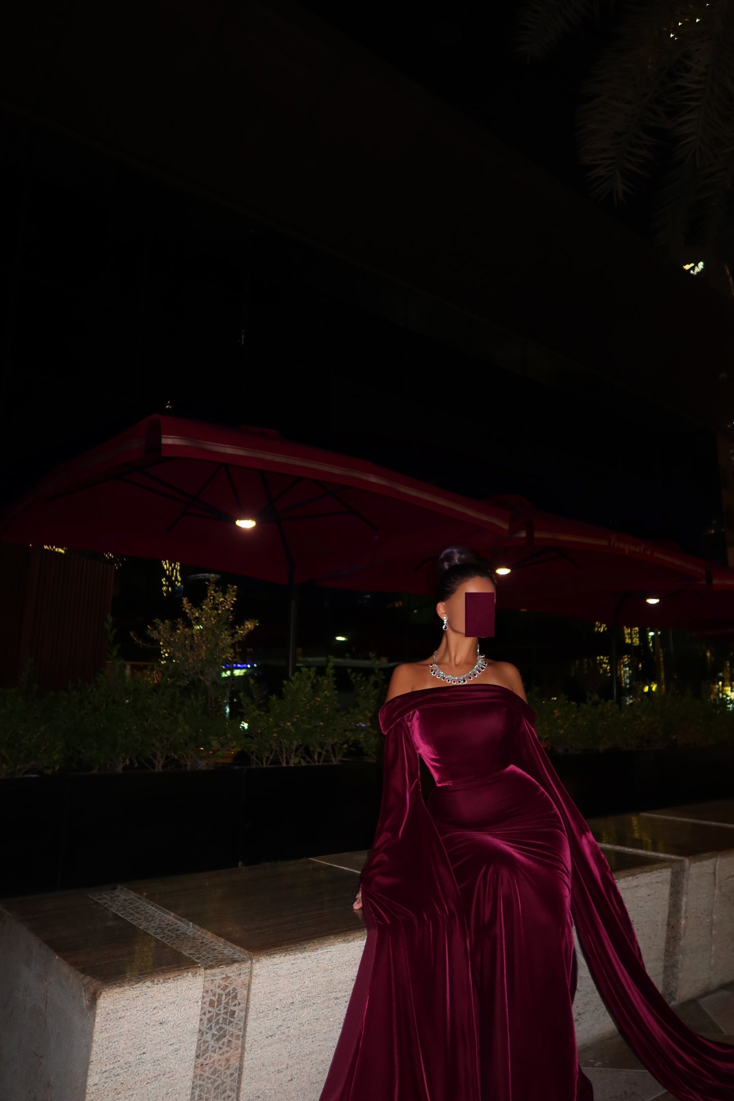 OFF SHOULDER MAROON VELVET LONG SLEEVED DRESS