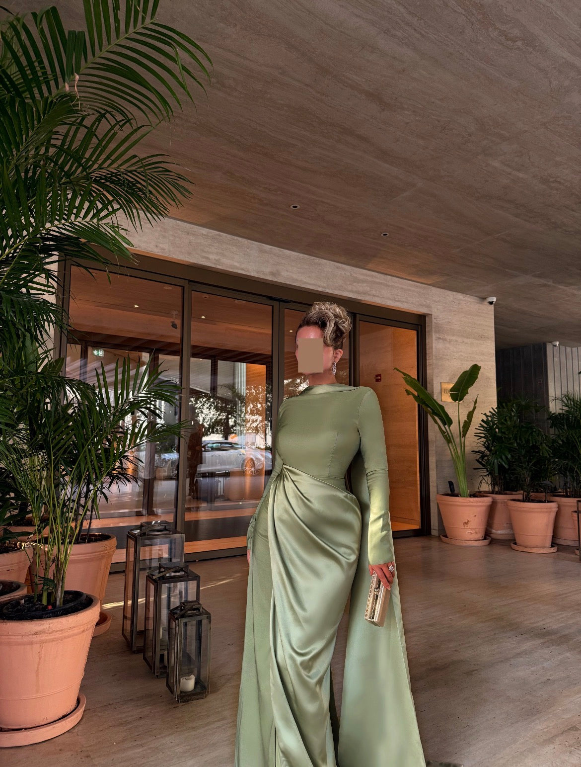 LIGHT OLIVE SEMI FITTED DRESS WITH DRAPED OVERLAY