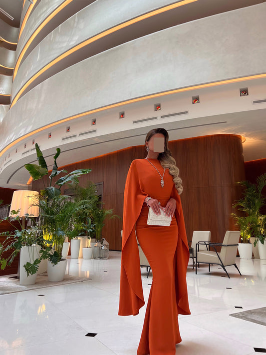 ORANGE FITTED DRESS WITH DRAPED SLEEVES