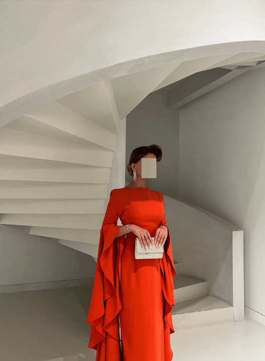 ORANGE STRAIGHT CUT DRESS WITH DRAMATIC LONG SLEEVES