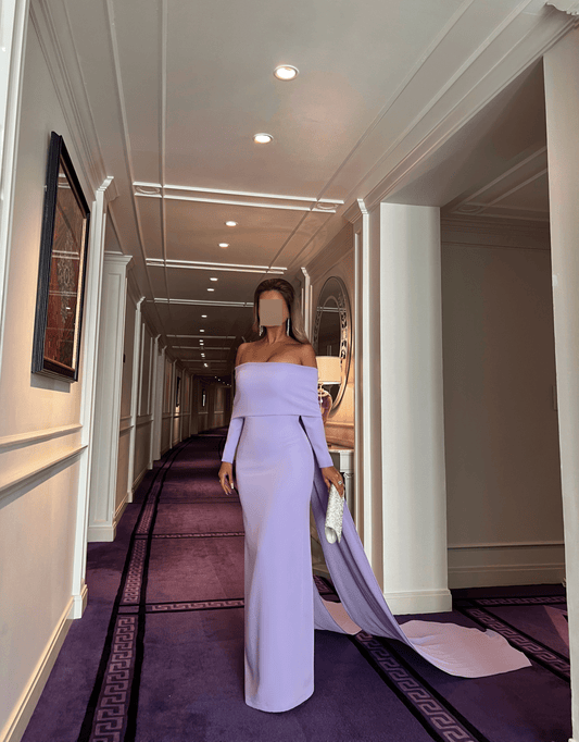 OFF SHOULDER TRAIL FITTED DRESS