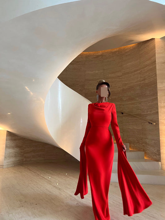 BRIGHT ORANGE COWL NECK FITTED DRESS WITH FLOOR LENGTH SLEEVES