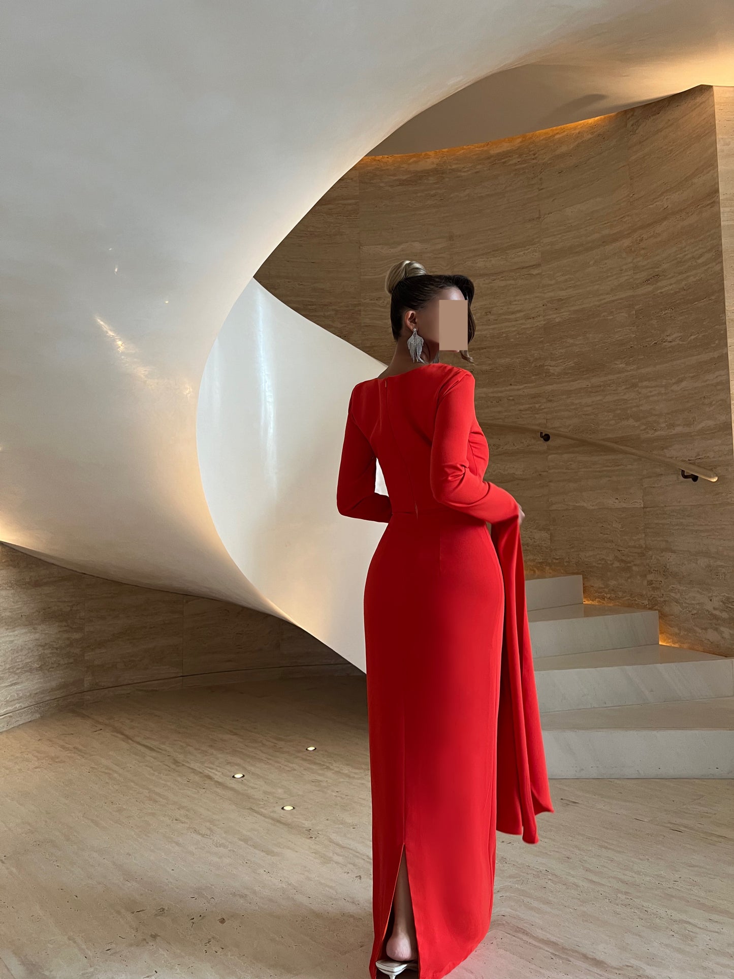 BRIGHT ORANGE COWL NECK FITTED DRESS WITH FLOOR LENGTH SLEEVES