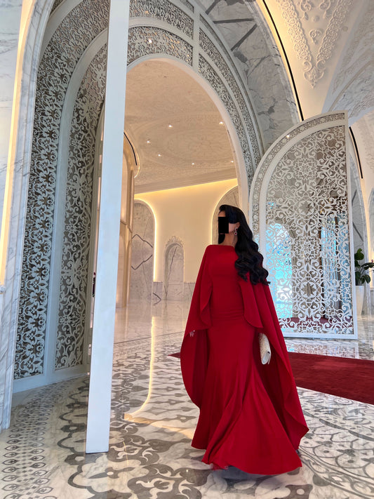 RED FITTED DRESS WITH DRAPED SLEEVES
