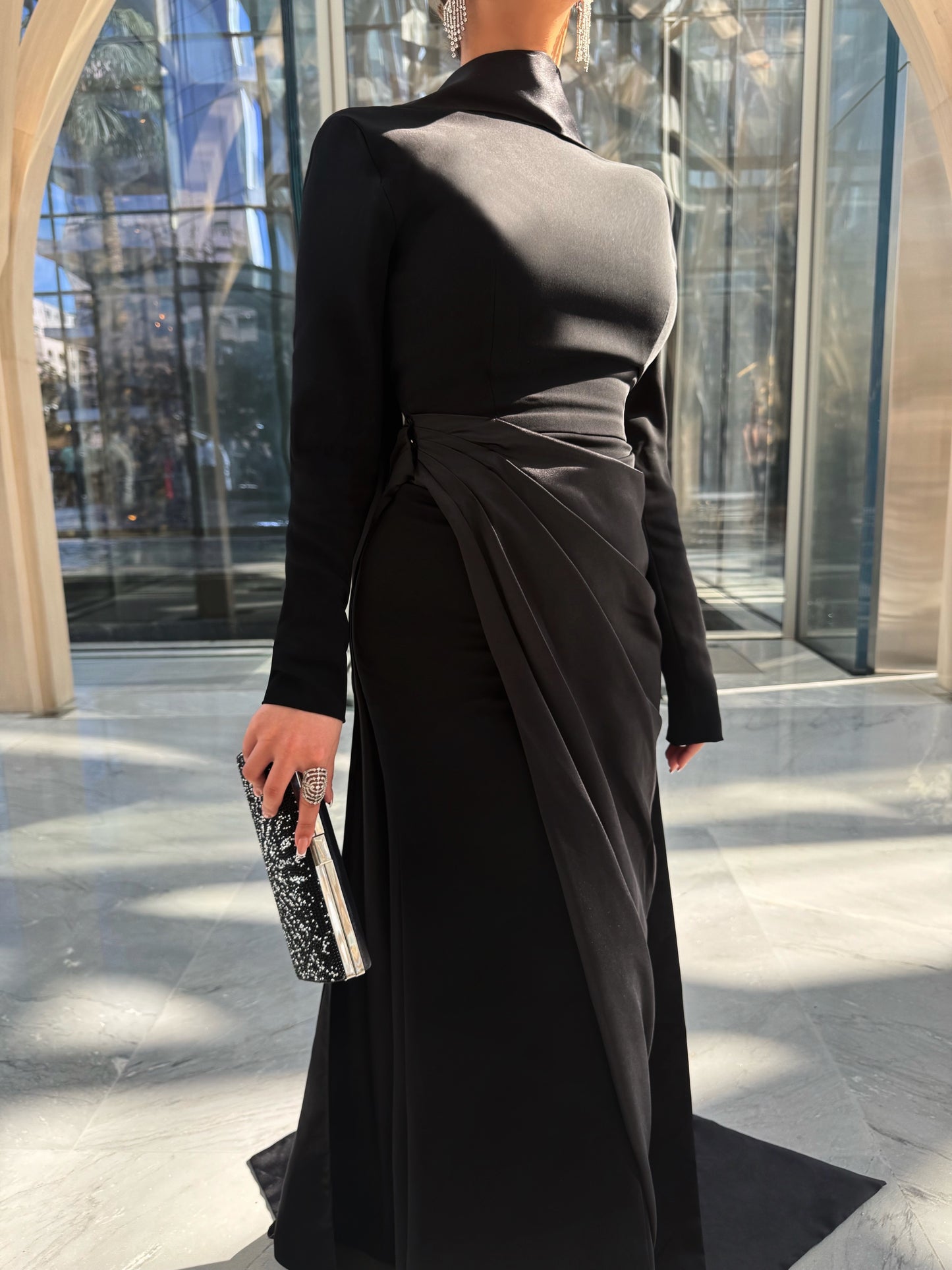 BLACK CREPE AND SATIN SEMI FITTED DRESS WITH DRAPED OVERLAY Tas Design BLACK CREPE AND SATIN SEMI FITTED DRESS WITH DRAPED OVERLAY Tas Design