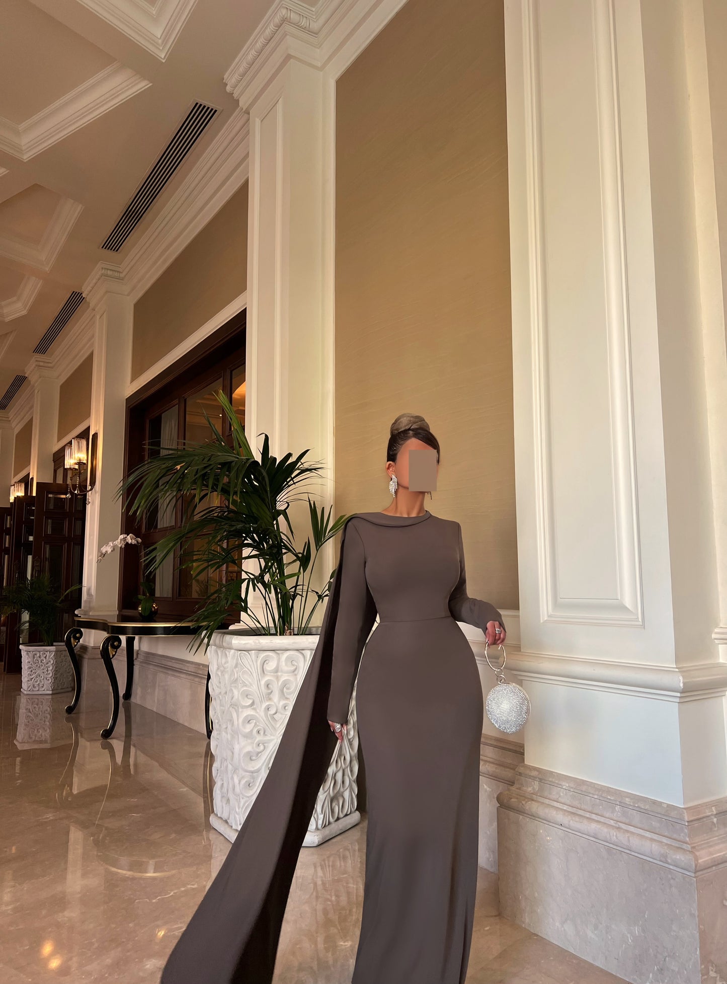 DUSTY BROWN SEMI FIT DRESS WITH DRAPED TRAIL