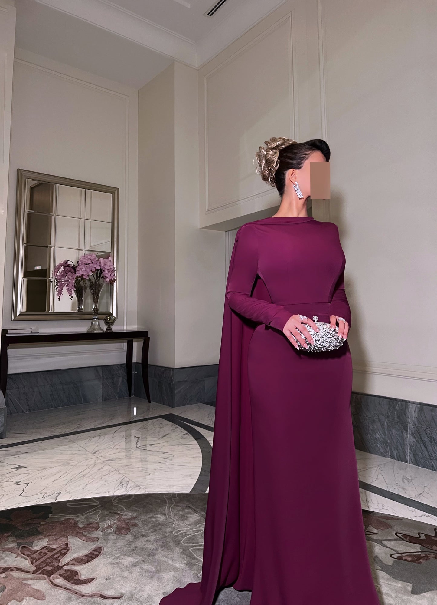 BURGUNDY SEMI FIT DRESS WITH DRAPED TRAIL