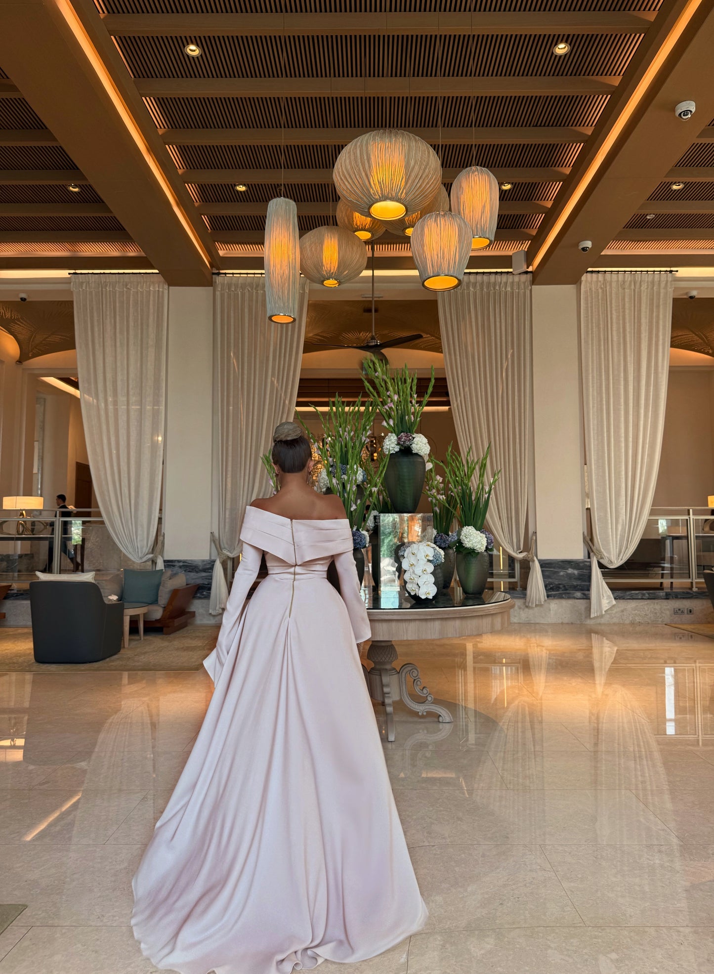 LIGHT PINK ASYMMETRIC STRAIGHT FIT DRESS WITH TRAIL