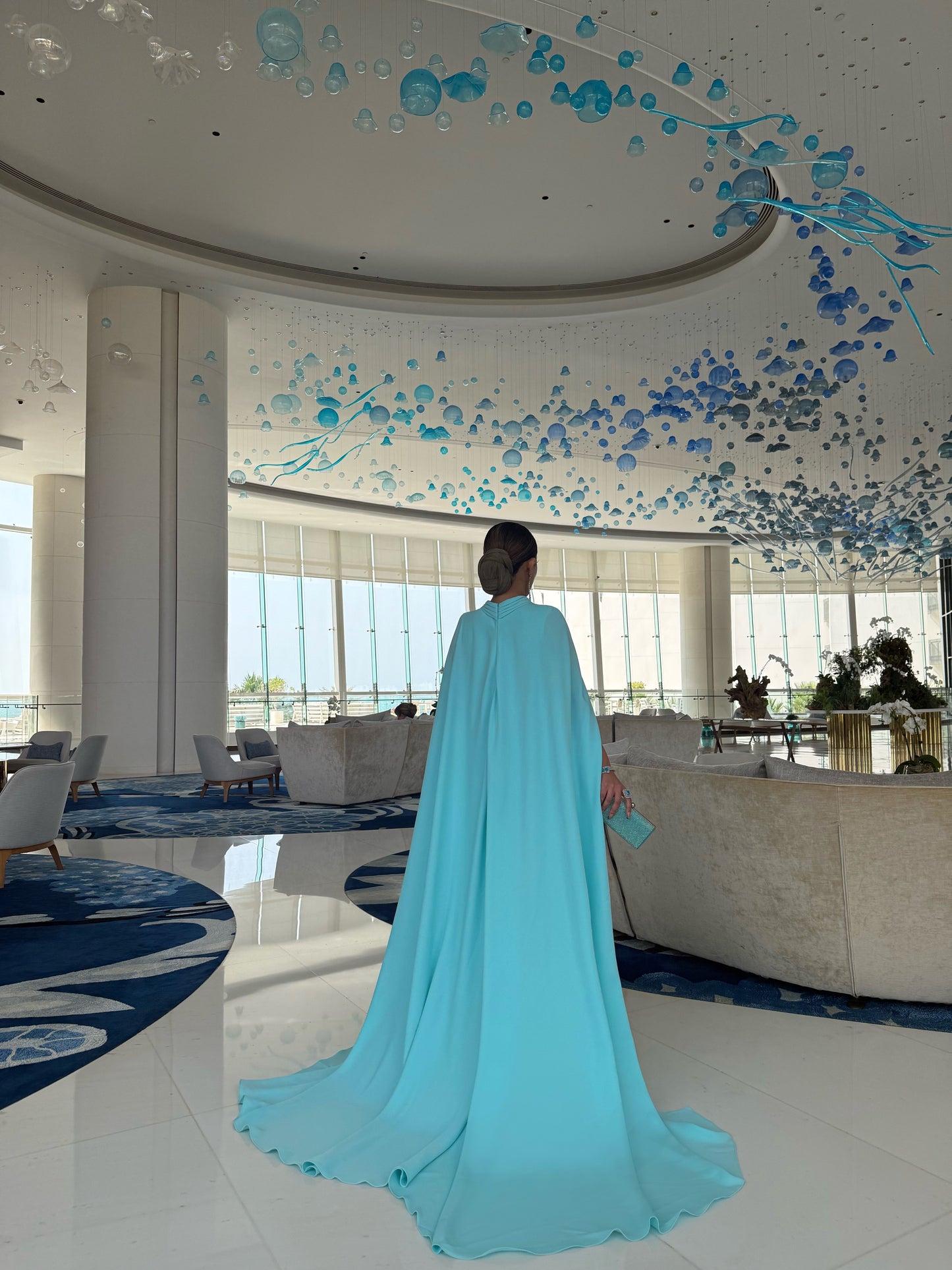 LIGHT BLUE SEMI FITTED DRESS WITH OVERLAPPING OVERLAY TRAIL