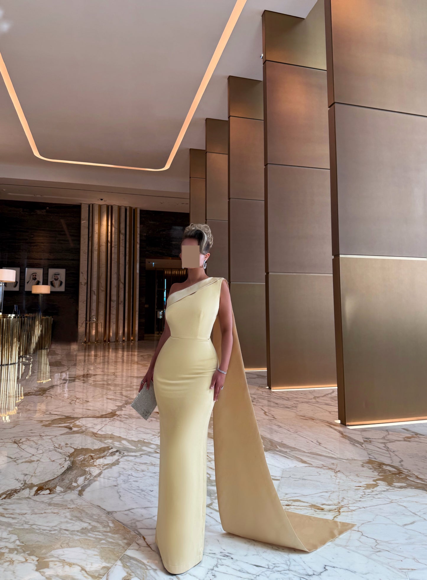 BUTTER YELLOW ONE SHOULDER STRAIGHT FIT DRESS WITH TRAIL