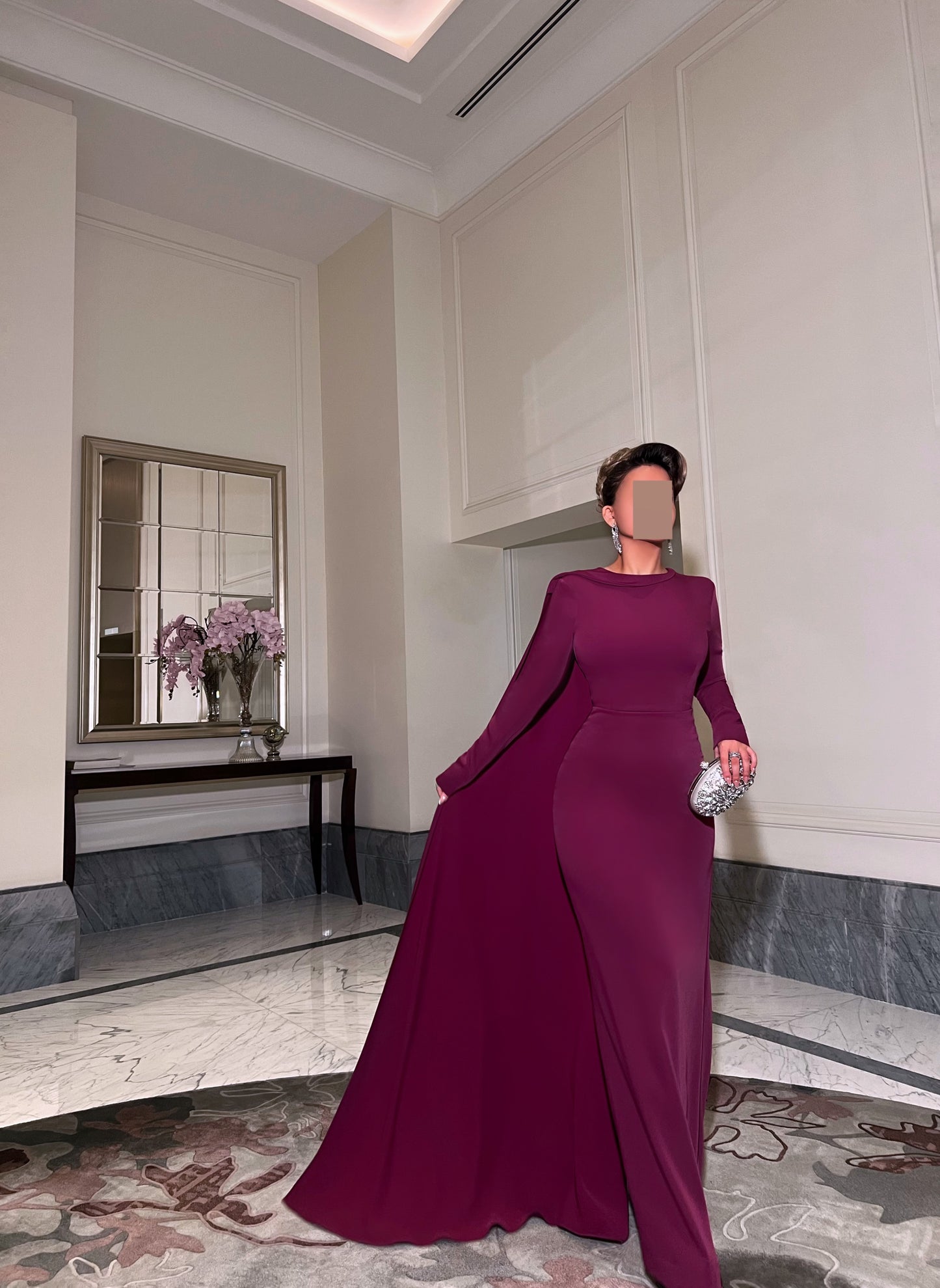 BURGUNDY SEMI FIT DRESS WITH DRAPED TRAIL