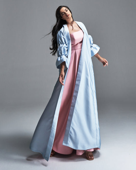 PINK TUBE DRESS WITH BLUE GATHERED SLEEVE ABAYA