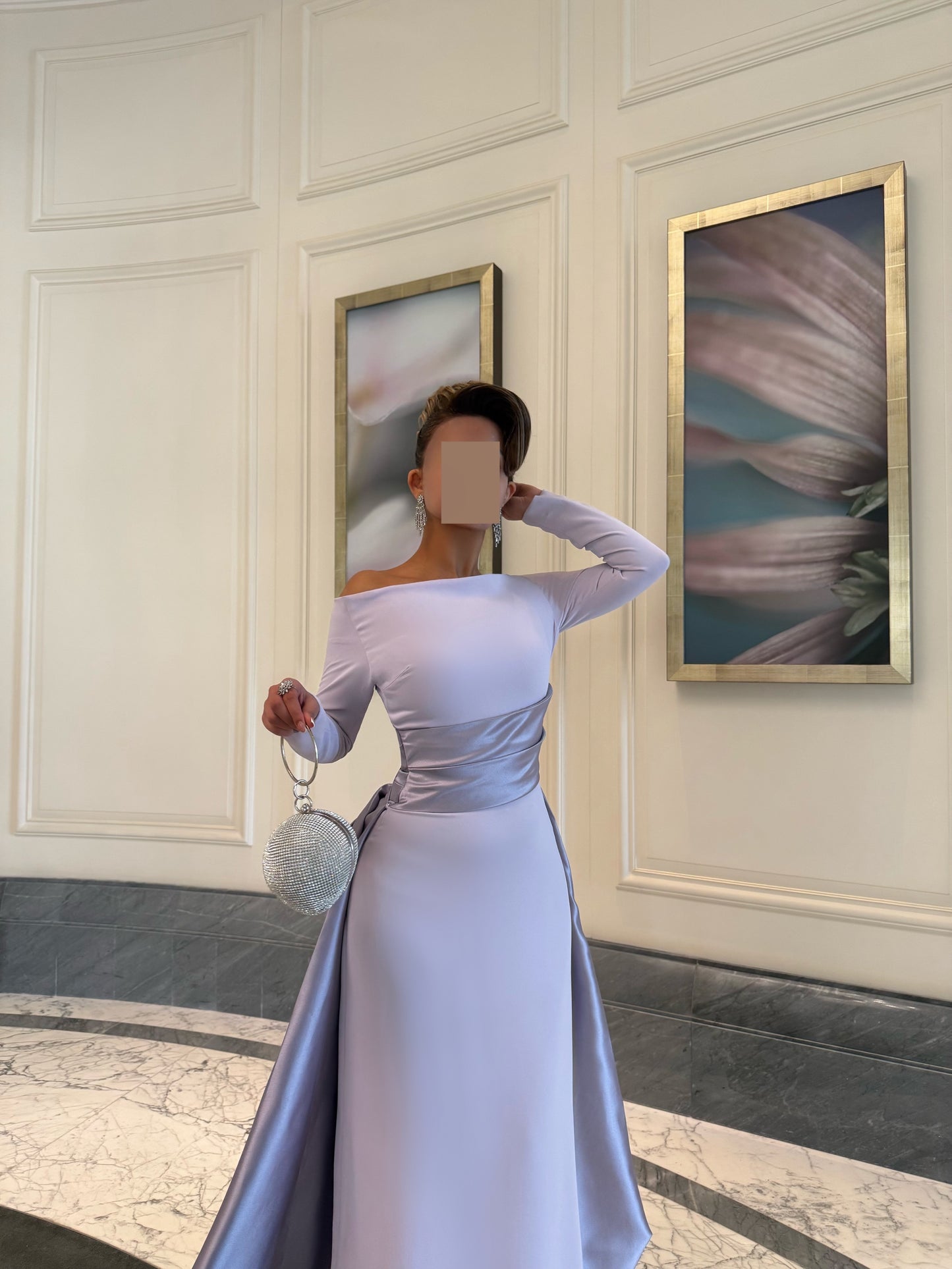 LILAC OFF SHOULDER FITTED DRESS WITH DRAPE AND TRAIL Tas Design LILAC OFF SHOULDER FITTED DRESS WITH DRAPE AND TRAIL Tas Design
