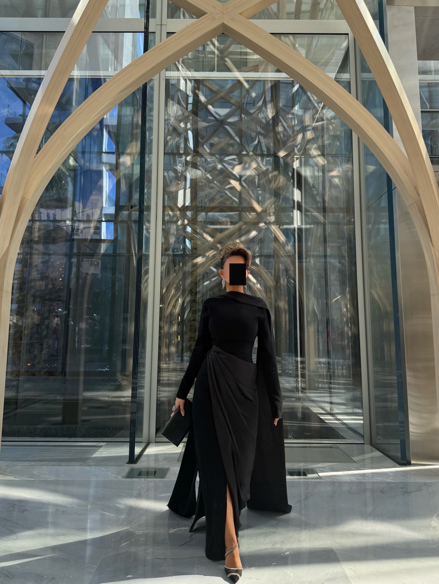 BLACK CREPE AND SATIN SEMI FITTED DRESS WITH DRAPED OVERLAY