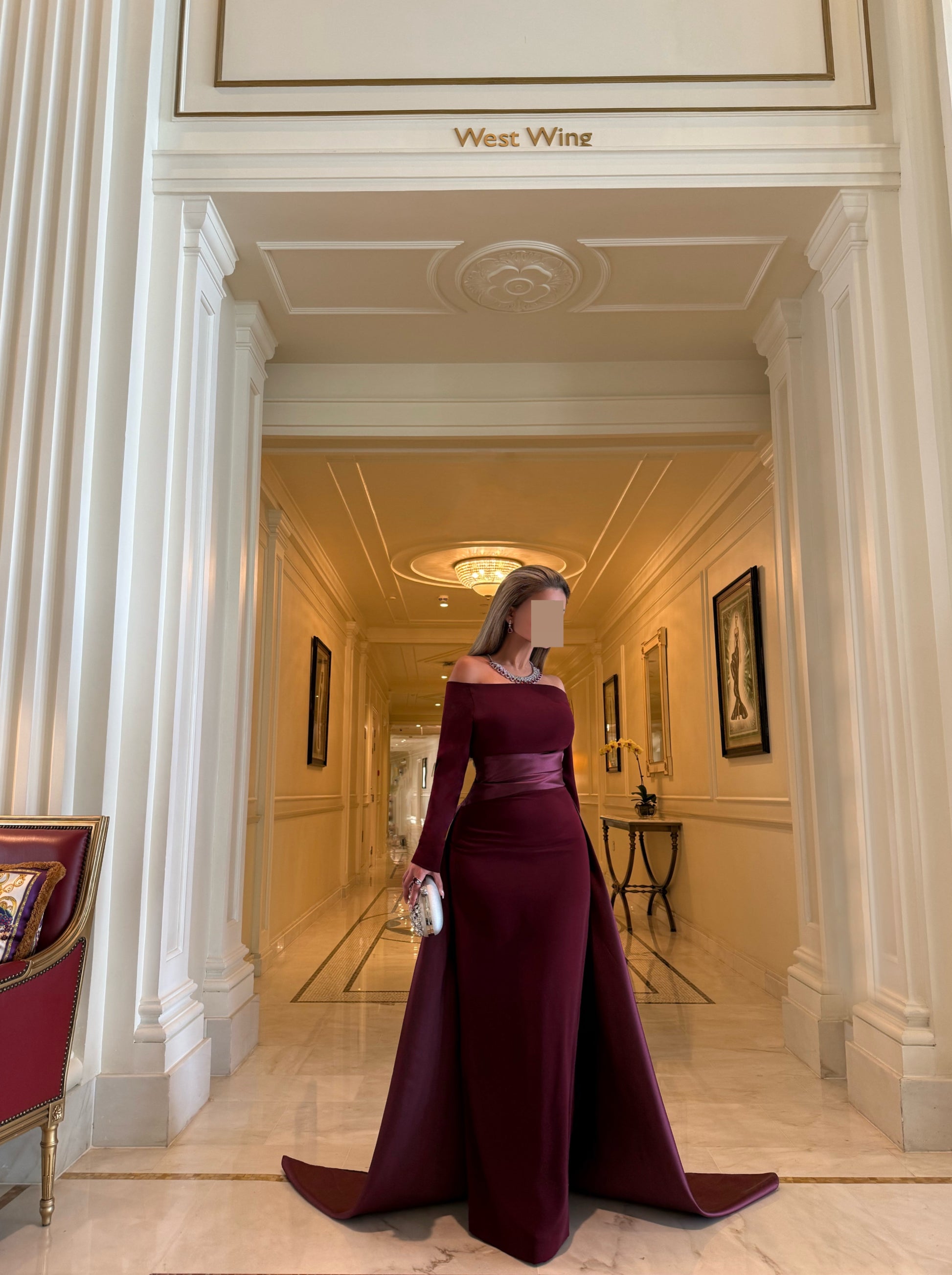 MAROON OFF SHOULDER FITTED DRESS WITH DRAPE AND TRAIL Tas Design MAROON OFF SHOULDER FITTED DRESS WITH DRAPE AND TRAIL Tas Design