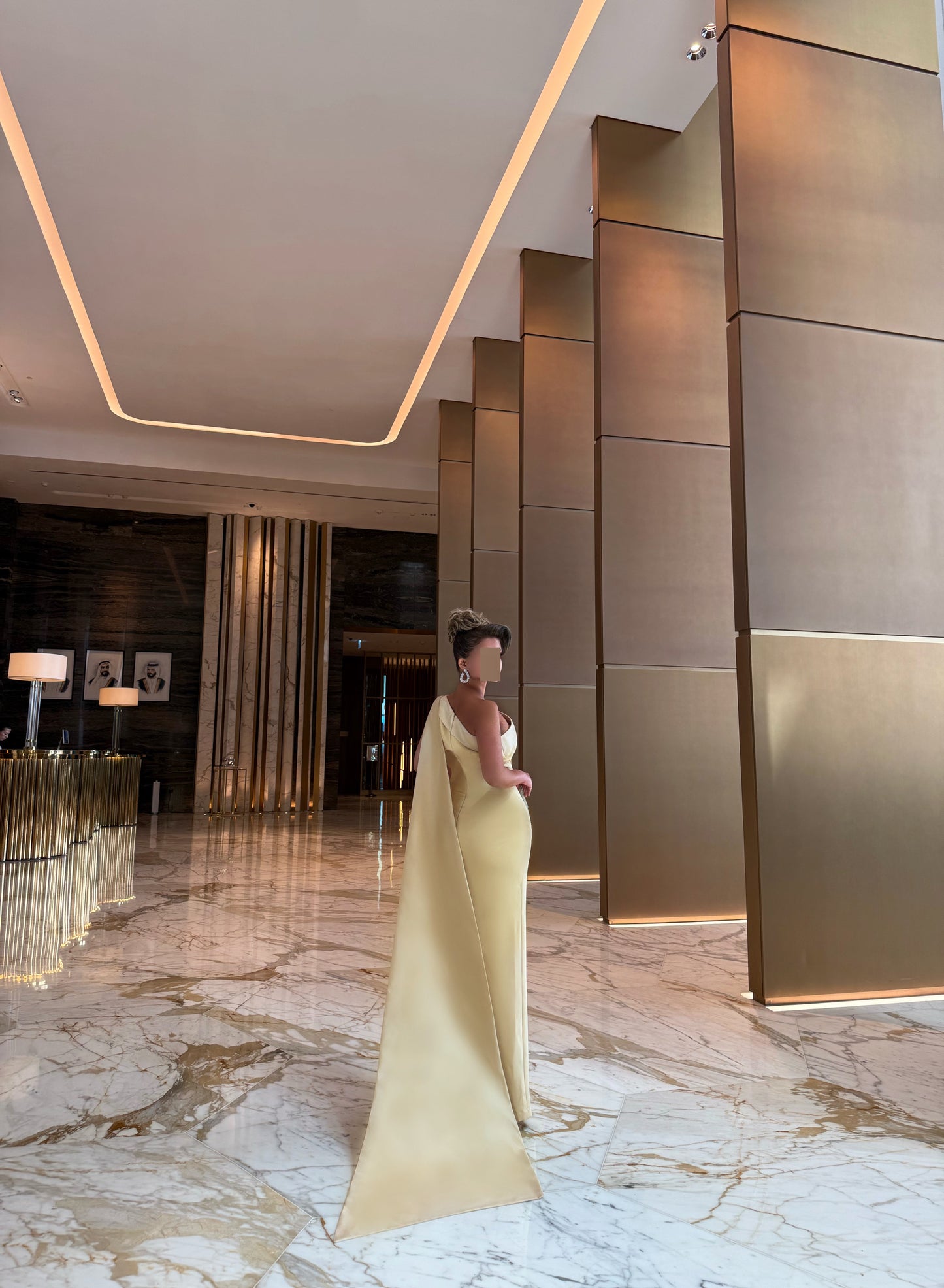 BUTTER YELLOW ONE SHOULDER STRAIGHT FIT DRESS WITH TRAIL