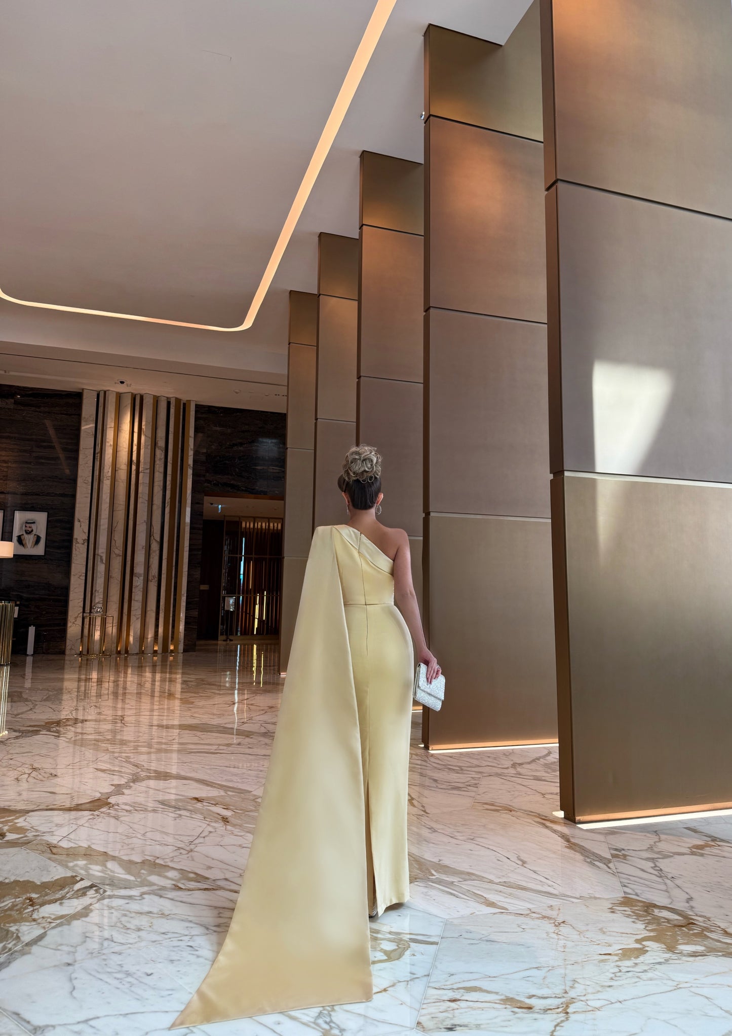 BUTTER YELLOW ONE SHOULDER STRAIGHT FIT DRESS WITH TRAIL