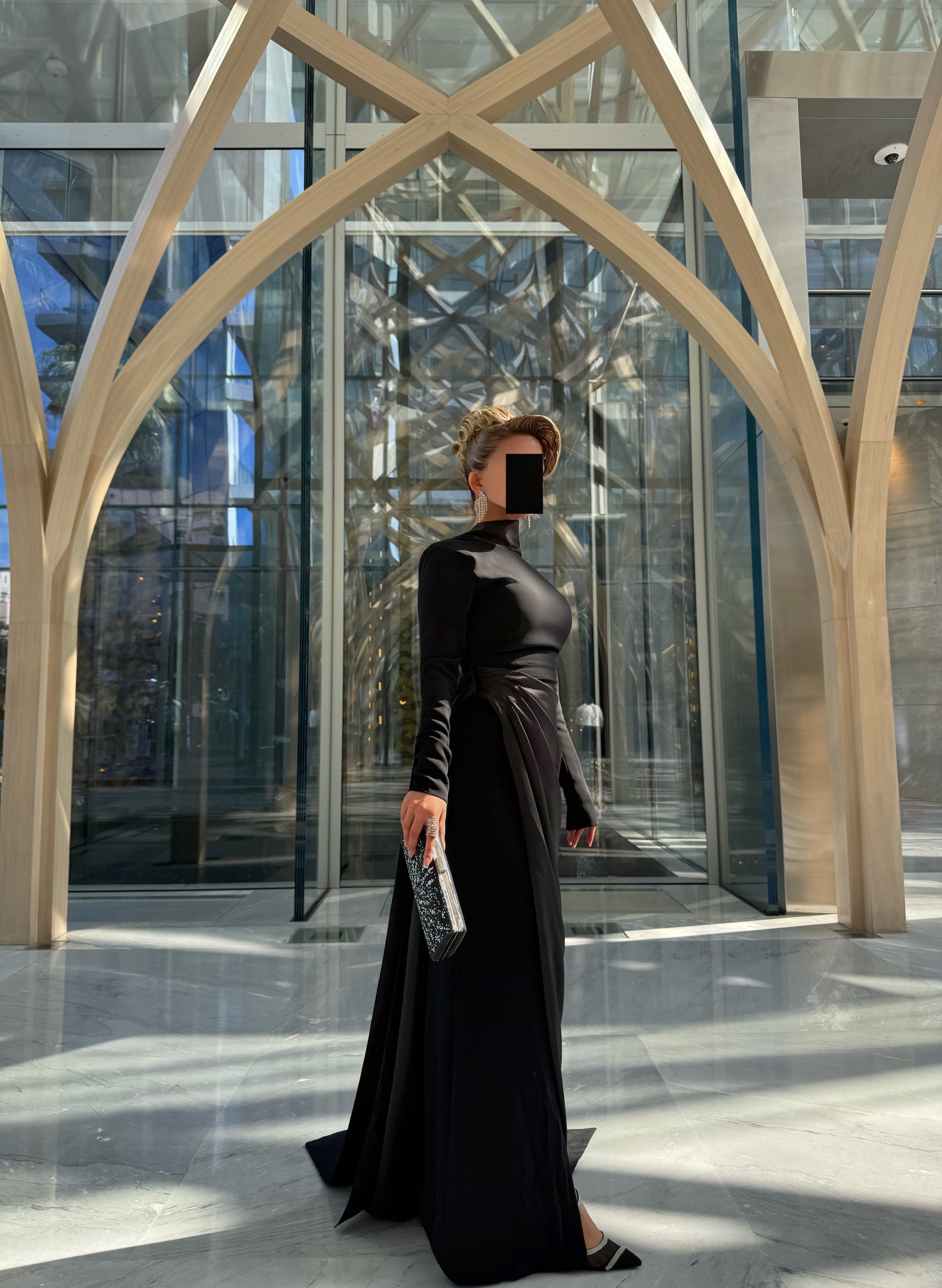 BLACK CREPE AND SATIN SEMI FITTED DRESS WITH DRAPED OVERLAY – Tas Design