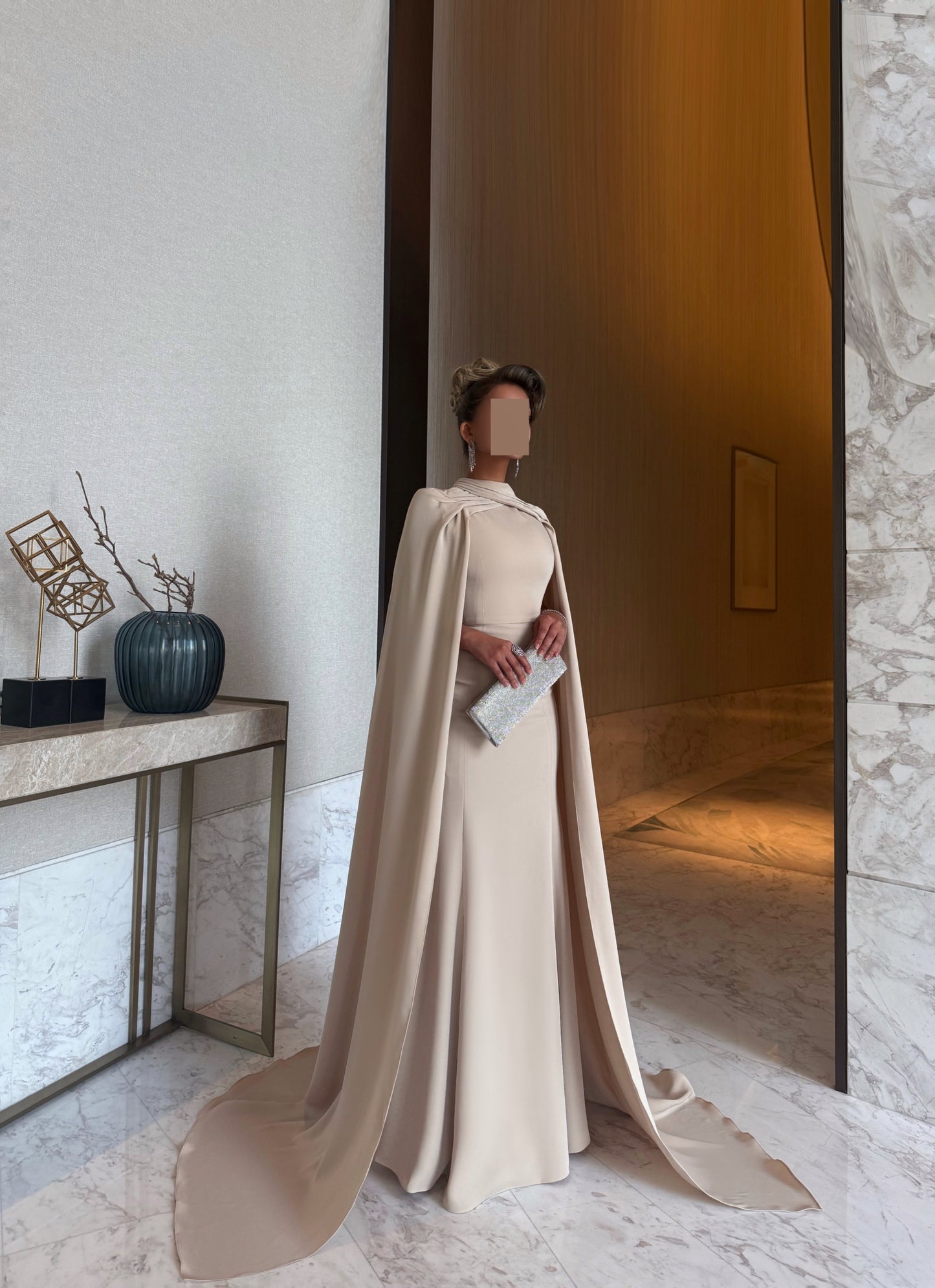 BEIGE SEMI FITTED DRESS WITH OVERLAPPING OVERLAY TRAIL