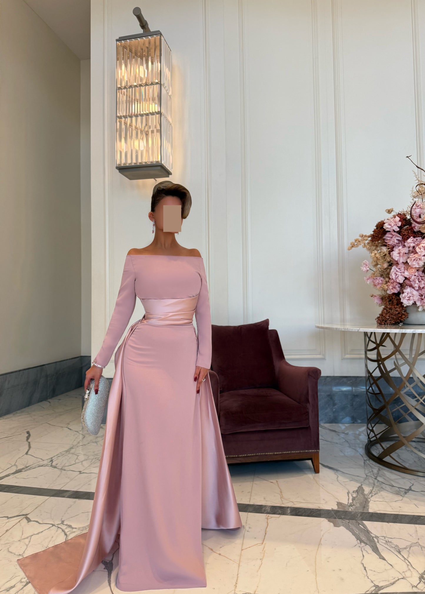 LIGHT PINK OFF SHOULDER FITTED DRESS WITH DRAPE AND TRAIL