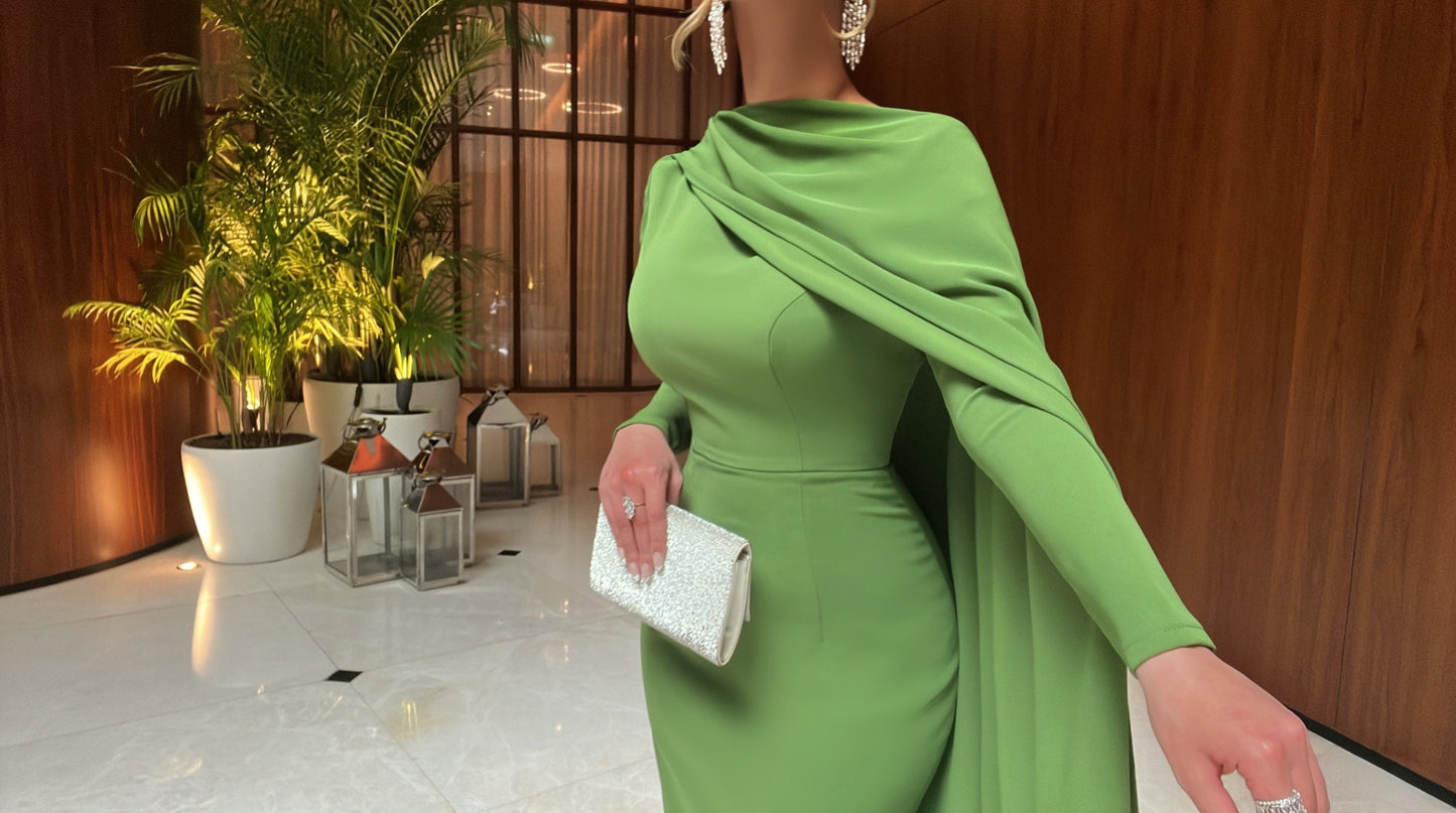 STRAIGHT CUT FITTED DRESS WITH ASYMMETRIC TRAIL