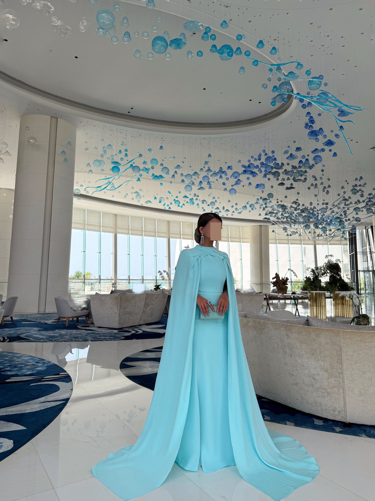 LIGHT BLUE SEMI FITTED DRESS WITH OVERLAPPING OVERLAY TRAIL