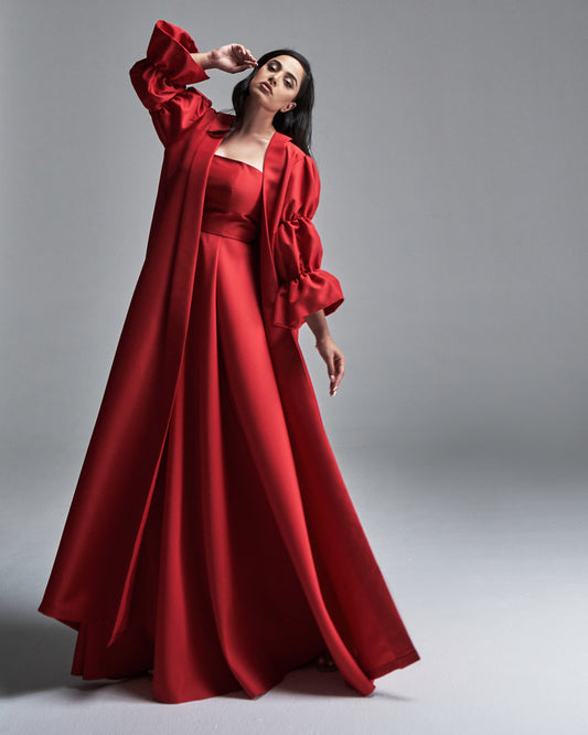 RED TUBE DRESS WITH PUFFED SLEEVE ABAYA