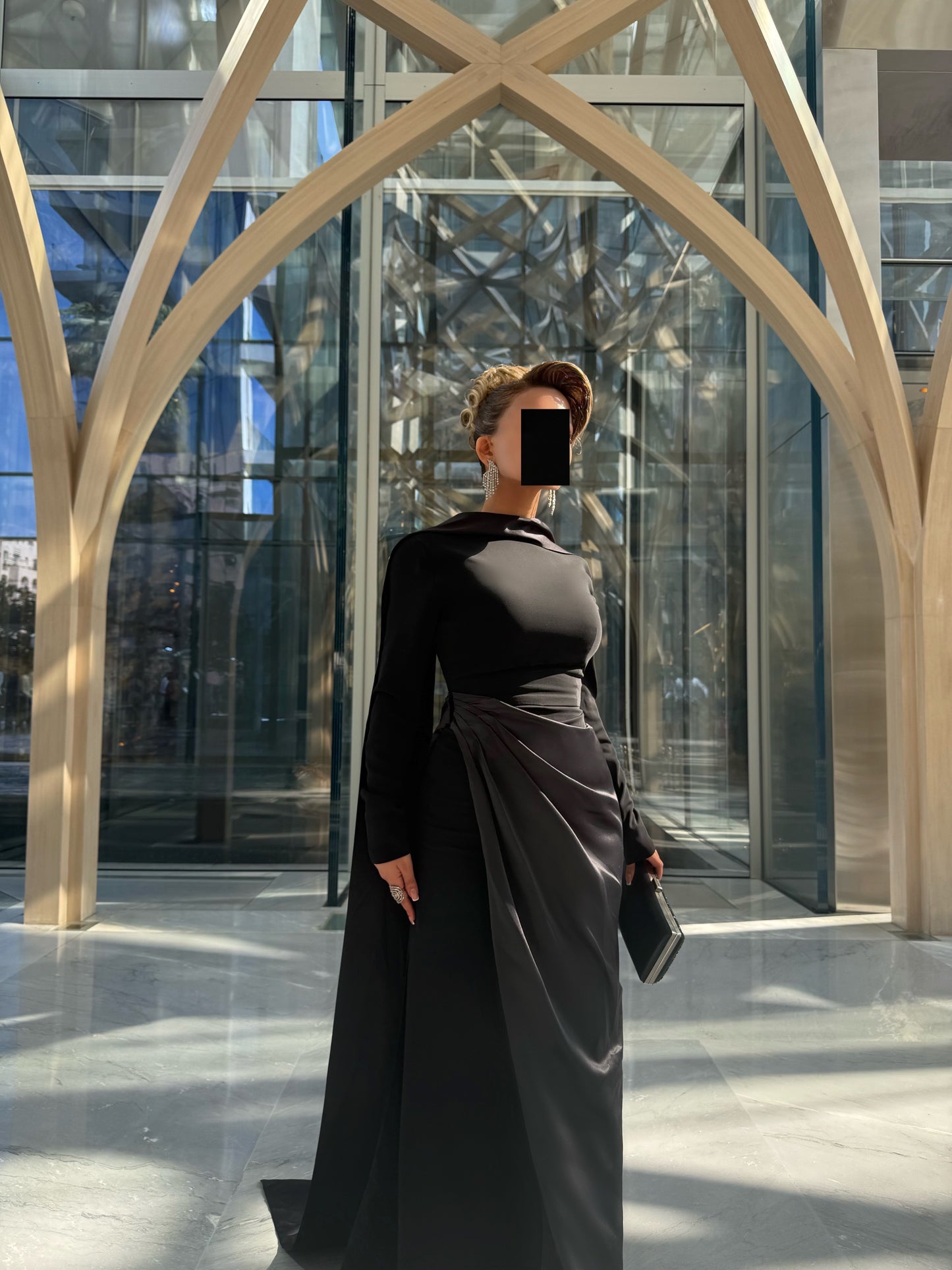 BLACK CREPE AND SATIN SEMI FITTED DRESS WITH DRAPED OVERLAY