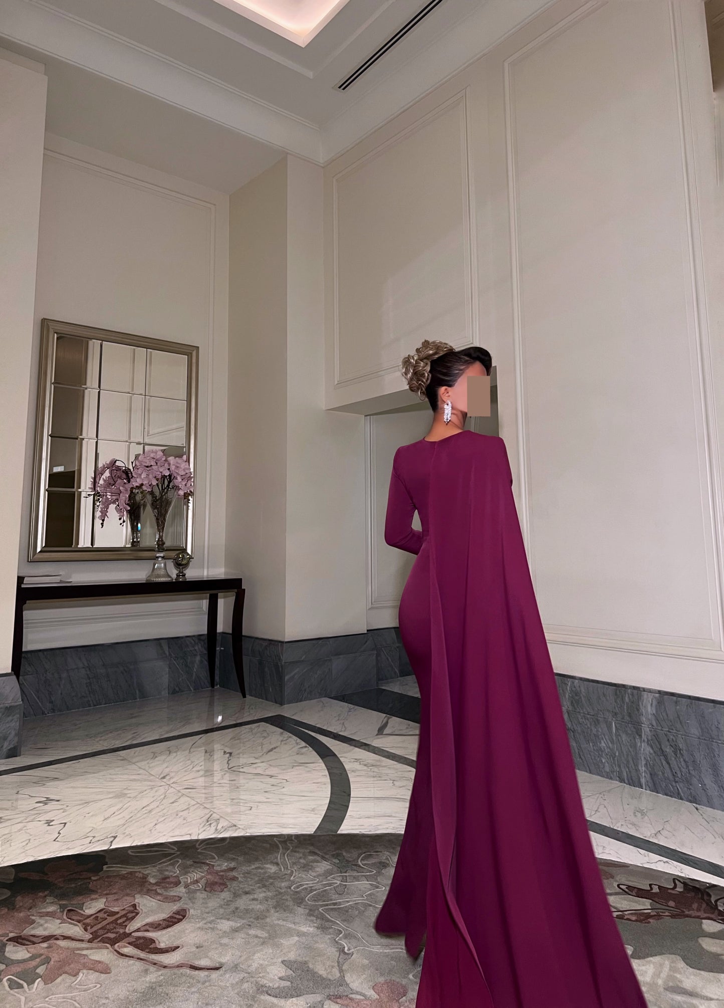 BURGUNDY SEMI FIT DRESS WITH DRAPED TRAIL