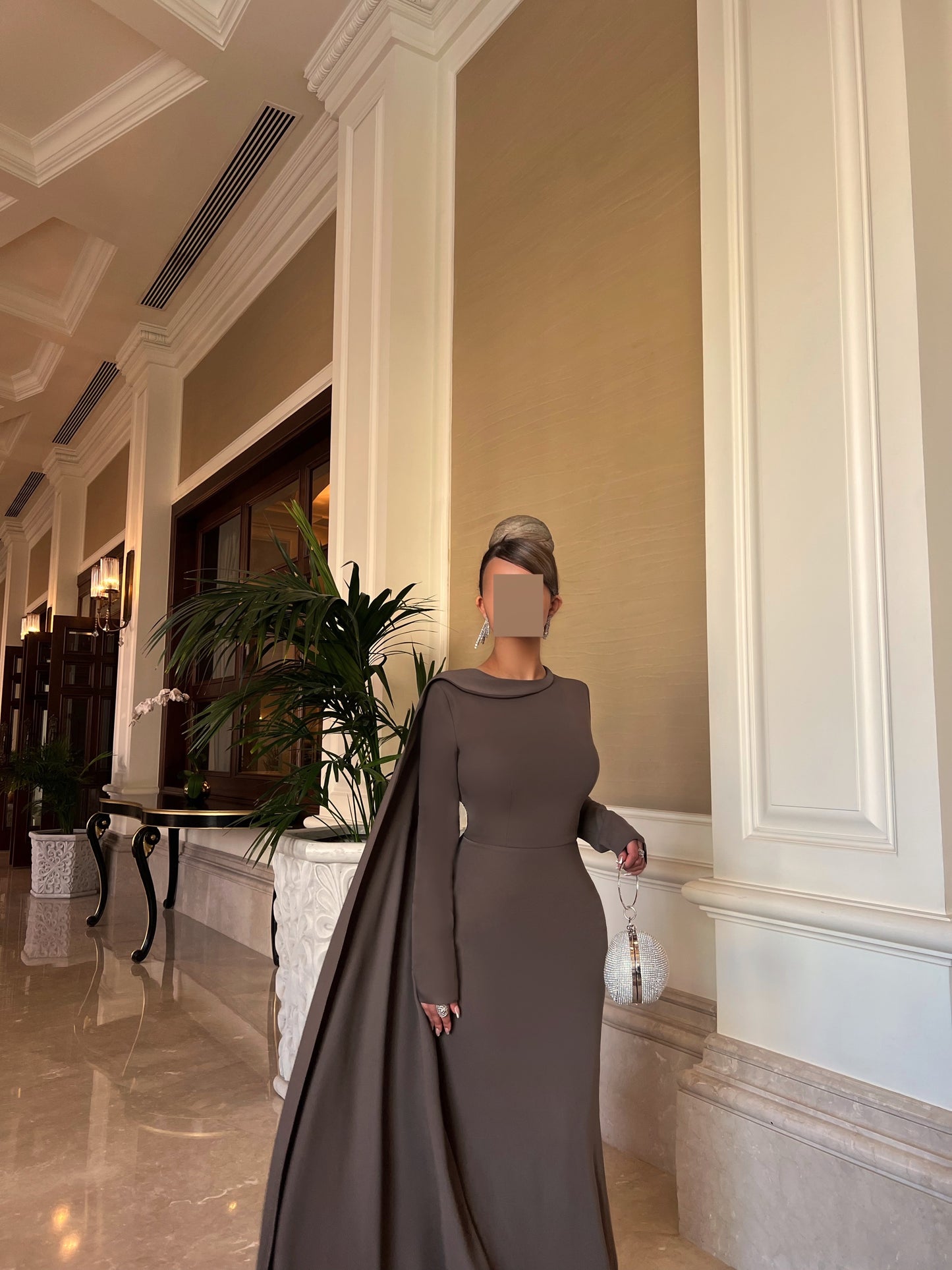 DUSTY BROWN SEMI FIT DRESS WITH DRAPED TRAIL