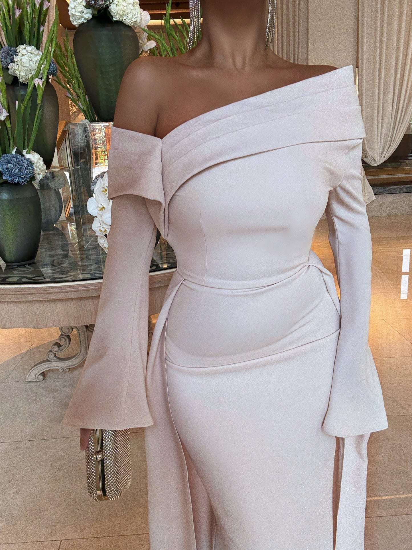 LIGHT PINK ASYMMETRIC STRAIGHT FIT DRESS WITH TRAIL