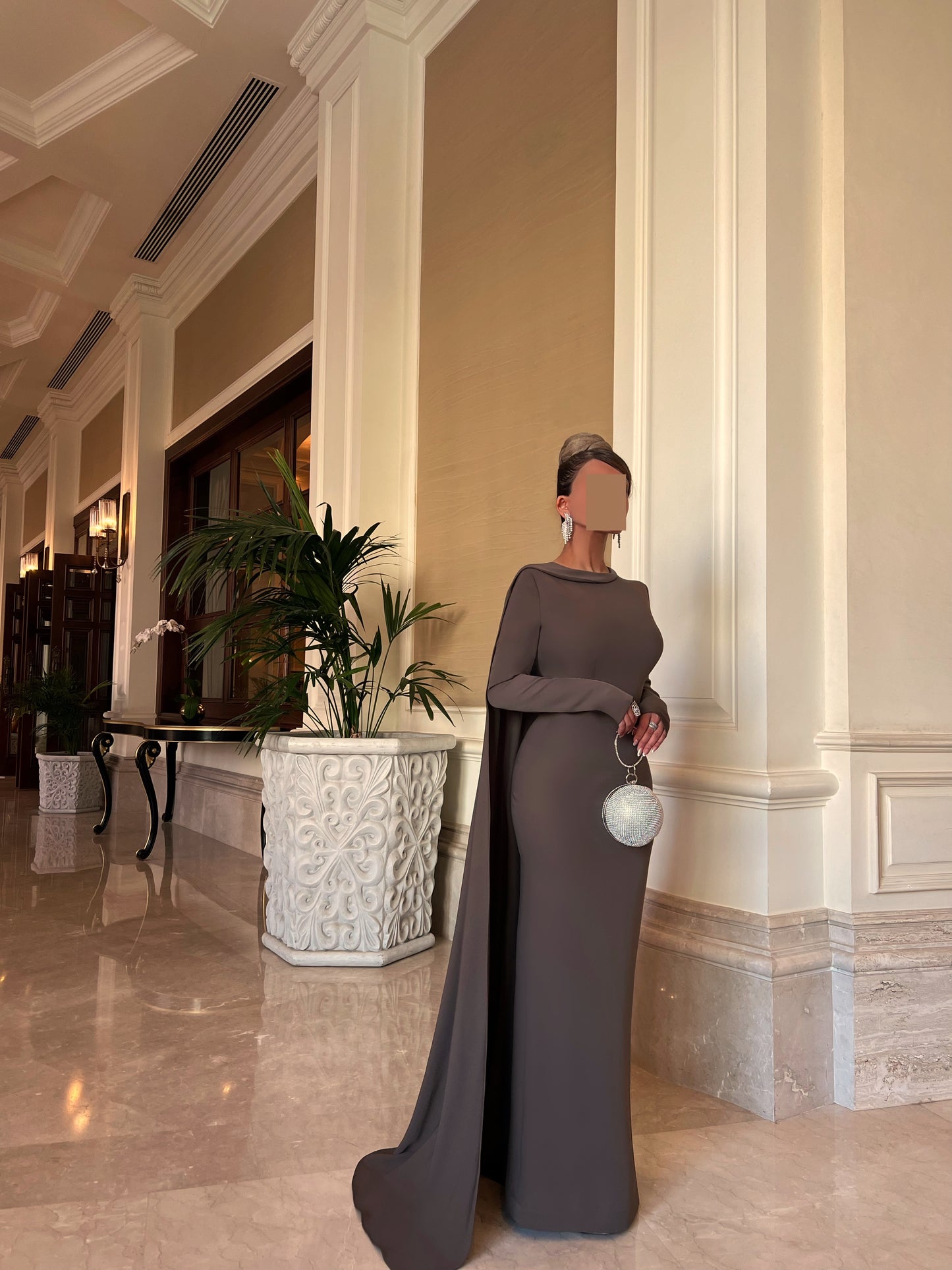 DUSTY BROWN SEMI FIT DRESS WITH DRAPED TRAIL