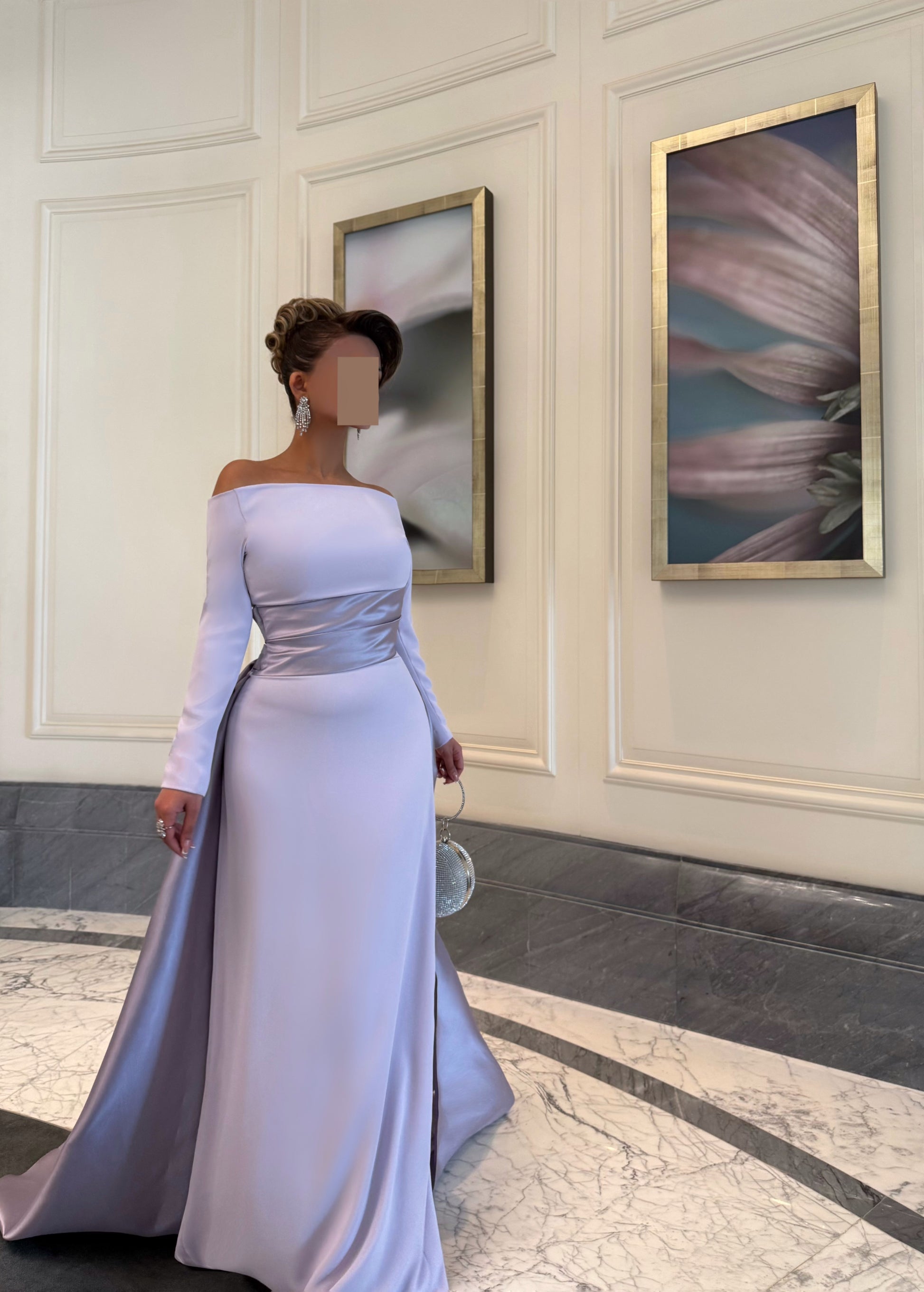 drape off shoulder dress LILAC OFF SHOULDER FITTED DRESS WITH DRAPE AND TRAIL